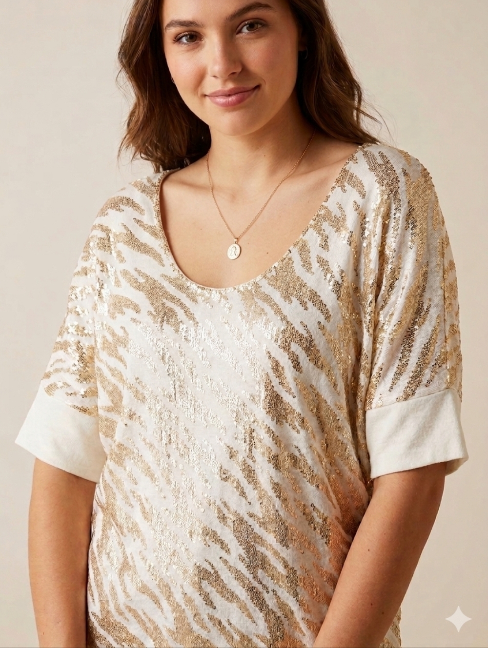 Ariat Sequin Tiger Stripe Dolman Sleeve Top White & Gold S/P Small
